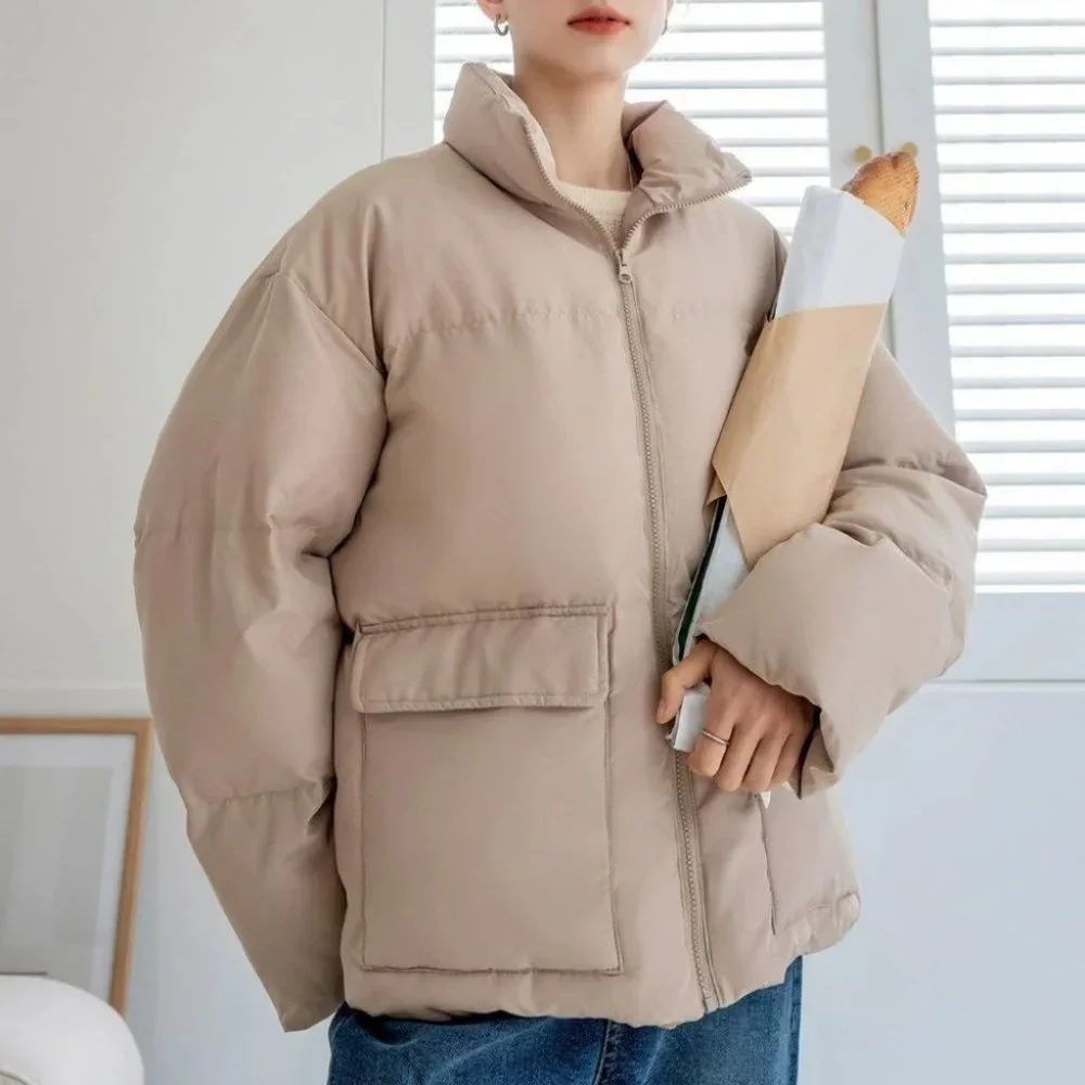 beige Zip up Drawstring Hem Flap Pocket Puffer Coat Comfy fall winter - Picture 3 of 8